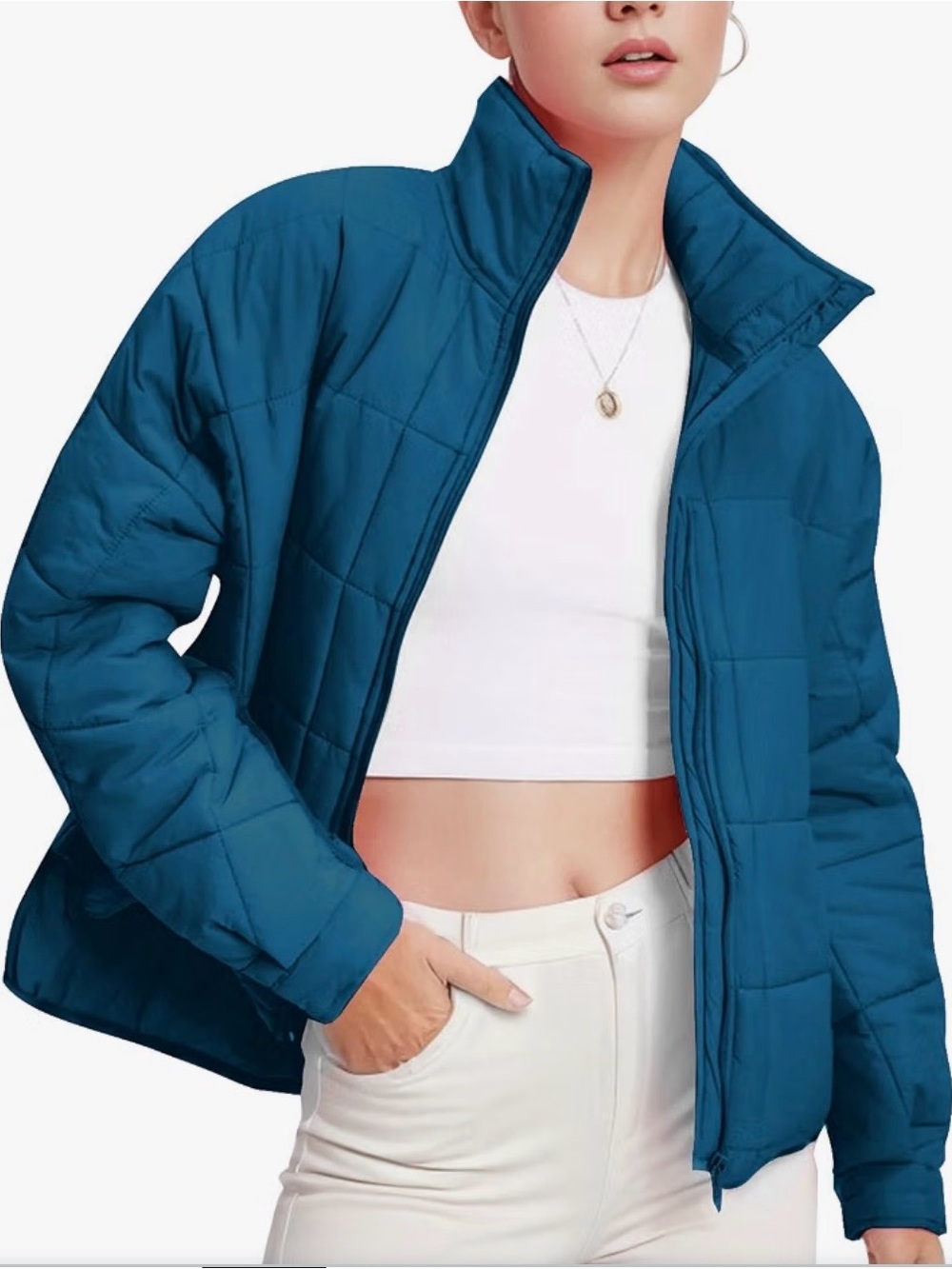 Flygo women’s puffer jacket lightweight Quilted, zip up warm padded jacket blue